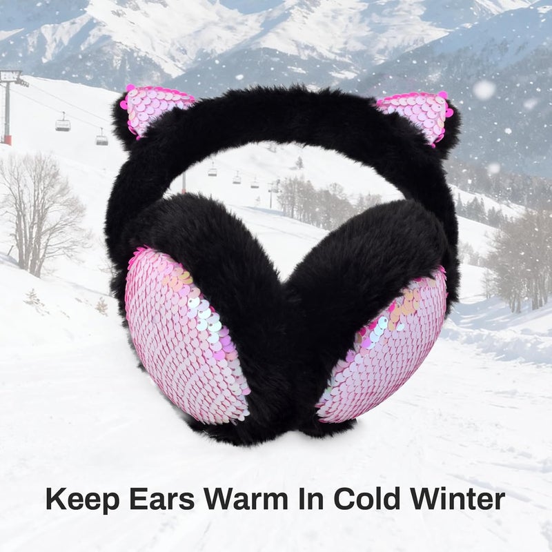 EDCYF Ear Muffs Gloves Set for Kids Girls Winter Ear Muffs Adjustable Sequins Warm Earmuffs Furry Outdoor - Image 5